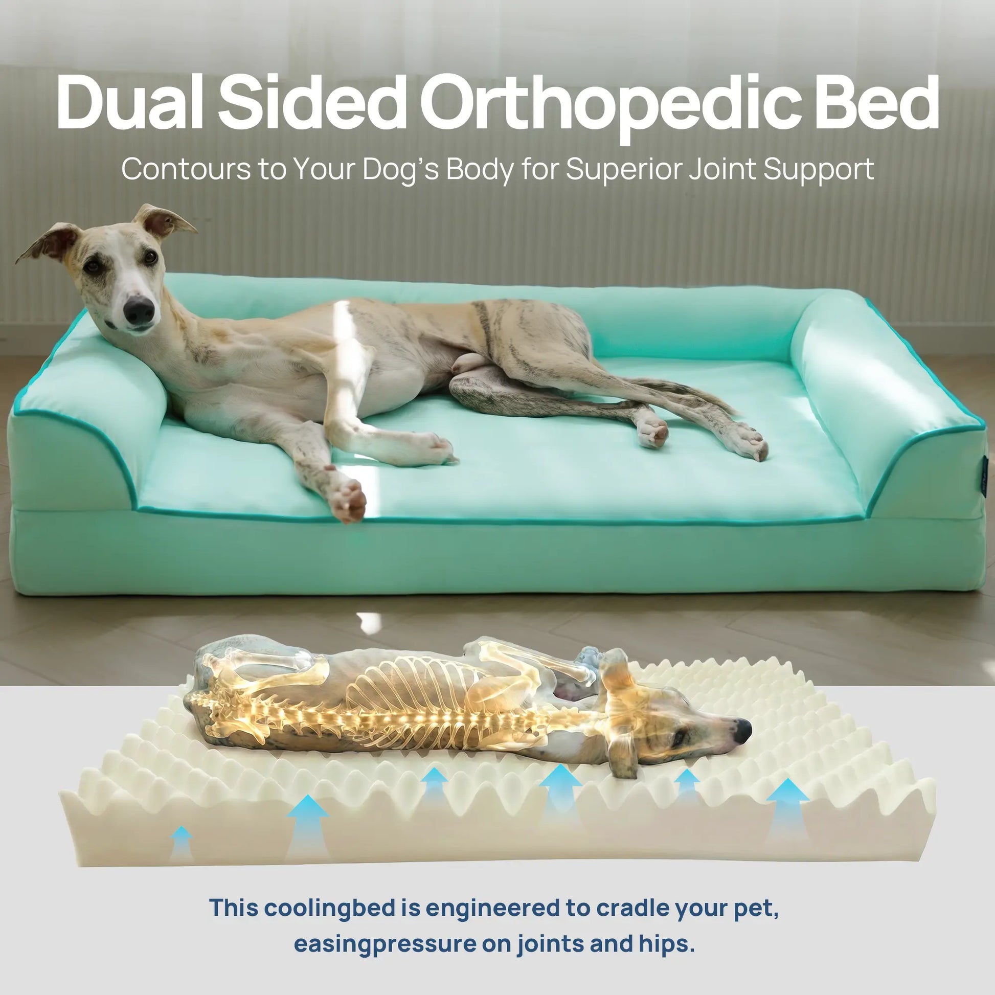 Blunique Cooling Orthopedic Dog Bed for Dogs & Cats, Waterproof Egg Crate Foam Pet Sofa Bed & Cooling Mat 2-In-1 Flat & C-Shaped Design, Q-Max 4.0 Temperature Regulating Fabric, Washable & Dryer Safe Pet Bed for All Seasons