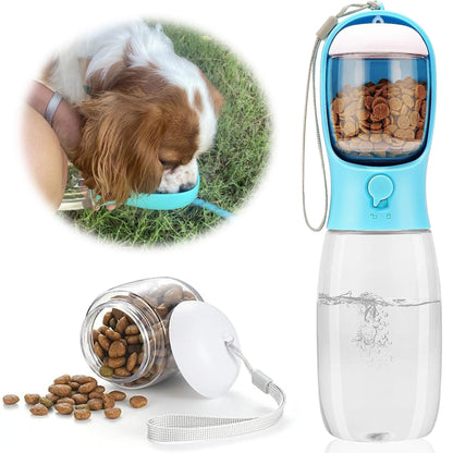 2-In-1 19Oz (550Ml) Portable Pet Outdoor Water Bottle with Food Container, Automatic Feeder Water Dispenser for Dogs, Cats for Walking, Hiking (Blue)