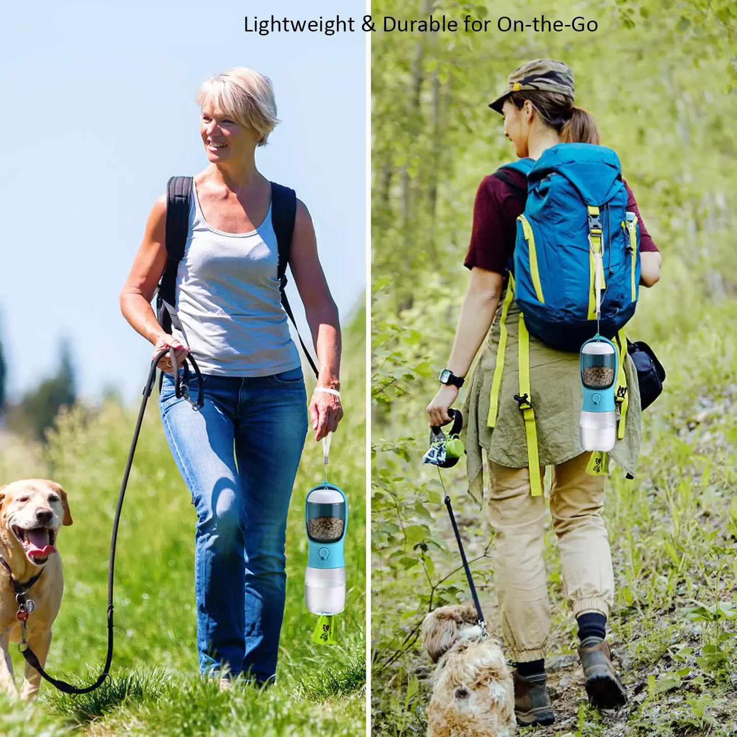 2-In-1 19Oz (550Ml) Portable Pet Outdoor Water Bottle with Food Container, Automatic Feeder Water Dispenser for Dogs, Cats for Walking, Hiking (Blue)
