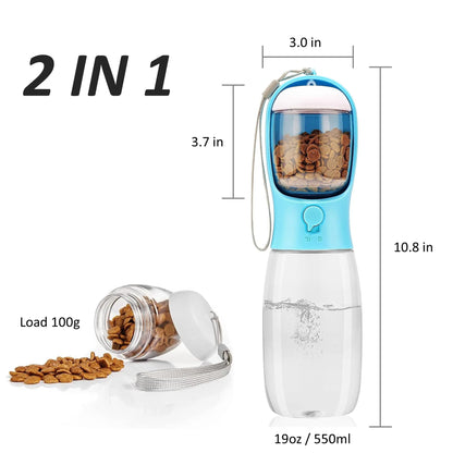 2-In-1 19Oz (550Ml) Portable Pet Outdoor Water Bottle with Food Container, Automatic Feeder Water Dispenser for Dogs, Cats for Walking, Hiking (Blue)
