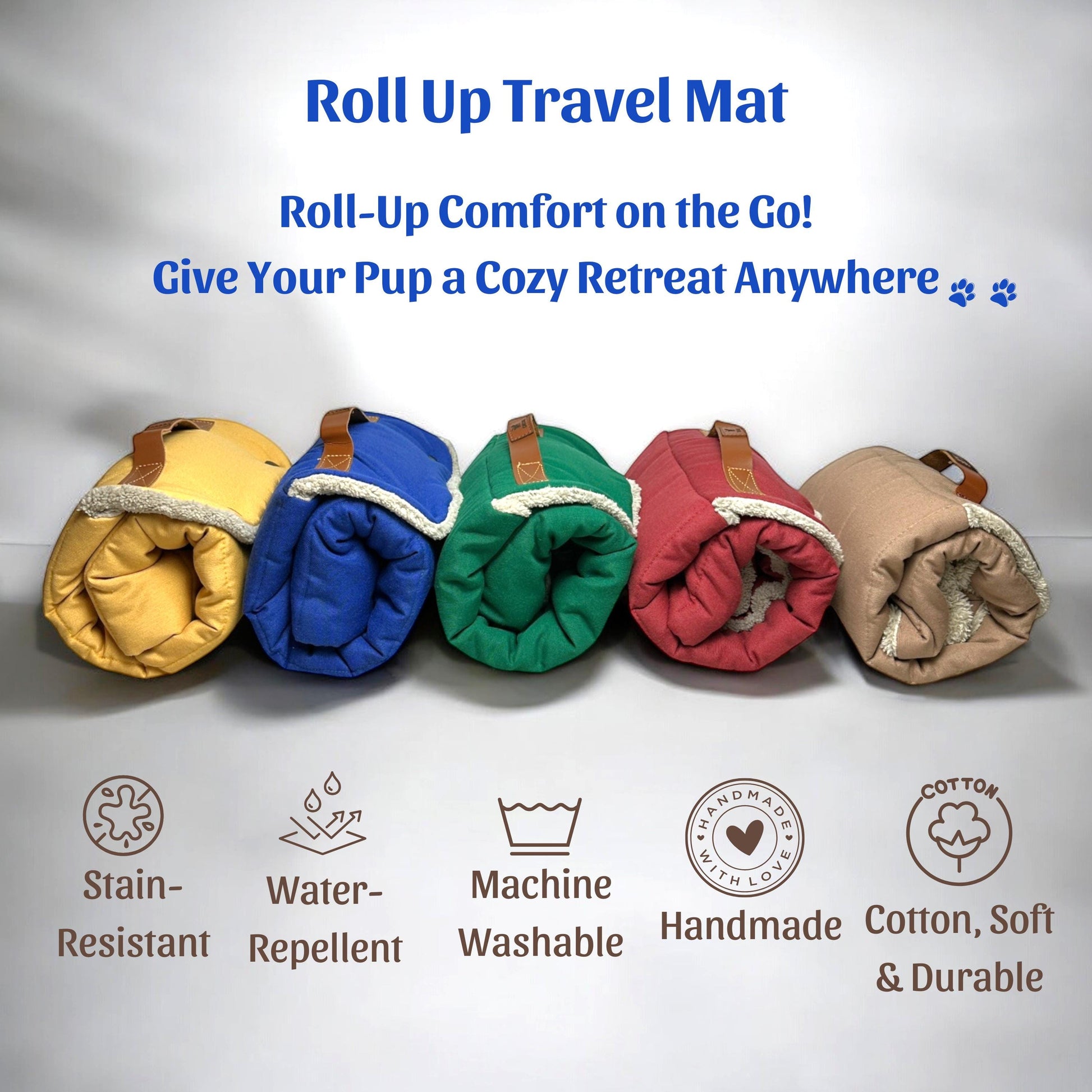 Roll up Travel Dog Mat, Handmade Cotton, Stain & Water Repellent